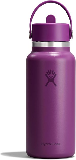 Hydro Flask Water Bottle - Insulated Stainless Steel - Wide Mouth Flex Straw Lid. Non Spill. Leakproof and Refillable in 32 Oz Supernova Purple