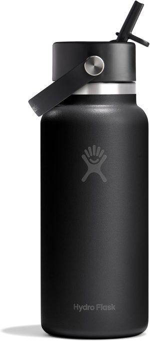 Hydro Flask Water Bottle - Insulated Stainless Steel - Wide Mouth Flex Straw Lid. Non Spill. Leakproof and Refillable in 32 Oz Tonal Black