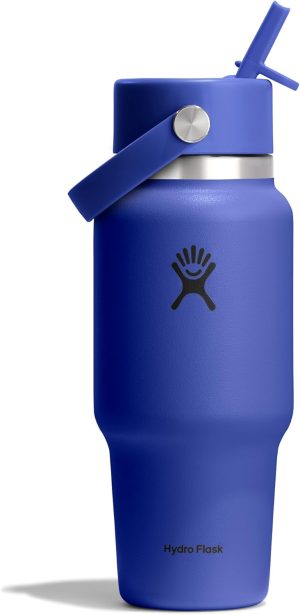 Hydro Flask Travel Water Bottle - Insulated Stainless Steel - Wide Straw Lid. Non Spill. Leakproof in 24 Oz Capri Blue