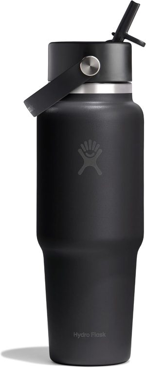 Hydro Flask Travel Water Bottle - Insulated Stainless Steel - Wide Straw Lid. Non Spill. Leakproof in 32 Oz Tonal Black