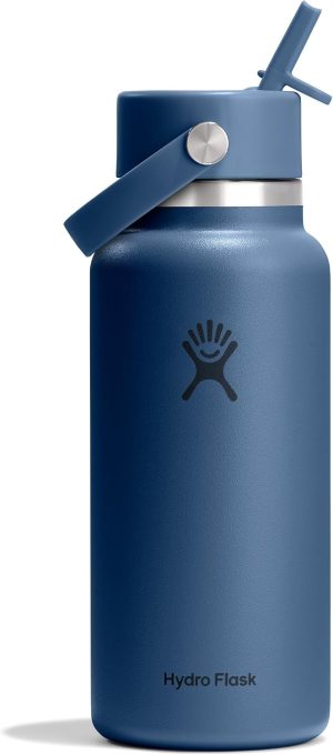 Hydro Flask Water Bottle - Insulated Stainless Steel - Wide Mouth Flex Straw Lid. Non Spill. Leakproof and Refillable in 32 Oz Harbor Blue