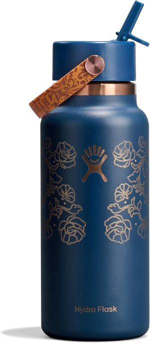 Hydro Flask Water Bottle - Insulated Stainless Steel - Wide Mouth Flex Straw Lid. Non Spill. Leakproof and Refillable in 32 Oz Western Dark Blue
